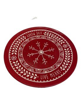 Hallmark Red Ceramic 13.5" Serving Platter With Snowflake Design & "Live Merry"